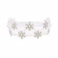 Detailed macro view of kids white lace headband featuring embroidered daisies and pearls - MB086 / -