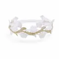Close-up of white lace headband with hollow flowers and elegant golden embroidery - MB087 / -