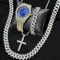 Iced out silver and gold luxury watch set with Cuban bracelet and cross pendant - Right Angle Set + Cross Necklace / Blue Dial Two Tone Gold Silver (Silver Jewelry)