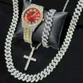 Luxury iced-out quartz watch with red dial and matching Cuban link jewelry set - Right Angle Set + Cross Necklace / Red Dial Two Tone Gold Silver (Silver Jewelry)