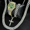 Luxury iced-out jewelry set with green dial watch, Cuban bracelet and cross pendant. - Right Angle Set + Cross Necklace / Green Dial Two Tone Gold Silver (Silver Jewelry)