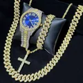Iced out gold and silver hip hop watch set with blue dial and Cuban link chain - Right Angle Set + Cross Necklace / Blue Dial Two Tone Gold Silver (Gold Jewelry)