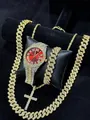 Luxury iced-out watch set with red dial and matching gold-toned Cuban link jewelry - Right Angle Set + Cross Necklace / Red Dial Two Tone Gold Silver (Gold Jewelry)
