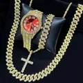 Luxury iced-out hip hop jewelry set with red dial gold watch - Right Angle Set + Cross Necklace / Red Dial Gold Tone