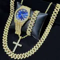Iced out gold luxury watch with blue dial, Cuban link bracelet and cross necklace set - Right Angle Set + Cross Necklace / Blue Dial Gold Tone