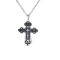 Detailed view of a men's stainless steel cross pendant with black religious symbols. - Black Cross Style / Steel