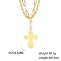 Detail view of 304 stainless steel cross pendant necklace with weight and size info - Double Chain Layered Style / Gold