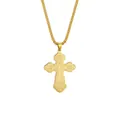 Detail view of gold-plated stainless steel cross pendant with religious engravings - Cross Box Chain Style / Gold