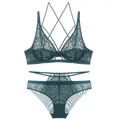 Ensemble de lingerie en dentelle bleu sarcelle avec bonnets ultra-fins et dos croisé - Ensemble Zirconium Vert / 70B
