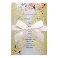 Close-up of gold glitter laser-cut wedding invitation card with elegant cream bow - Glitter Golden Yellow (Shell Only, Without Inner Page/Envelope/Bowknot, MOQ 50 Pcs)