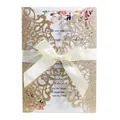 Elegant gold glitter laser-cut wedding invitation card with white ribbon bow decoration - Glitter Rose Gold