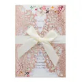 Elegant rose gold glitter laser-cut wedding invitation card featuring a white ribbon bow - Glitter Apple Gold (Shell Only, Without Inner Page/Envelope/Bowknot, MOQ 50 Pcs)