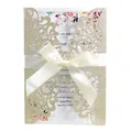 Elegant glittery gold laser-cut invitation card featuring a white satin ribbon bow detail - Glitter Pale Gold (Shell Only, Without Inner Page/Envelope/Bowknot, MOQ 50 Pcs)