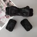 Set fascia per capelli con fiocco in flanella nera e polsini per il lavaggio del viso. - Set Di 3 Pezzi Con Fiocco Nero