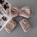Set fascia per capelli con fiocco in flanella rosa polvere e polsini abbinati per viso - Set Di 3 Pezzi Con Fiocco Color Kaki