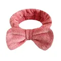 Fascia per capelli a fiocco in flanella rosa corallo per la cura della pelle e trucco - Una Fascia Per Capelli Coreana Con Fiocco Rosa.