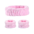 Set di fascia e polsini abbinati in morbida flanella rosa per il lavaggio del viso e il trucco - Completo Rosa Chiaro Da 3 Pezzi