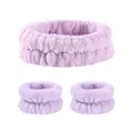 Set di fascia e polsini da spa in flanella viola per il lavaggio del viso e il trucco - Set Da 3 Pezzi Color Lilla Chiaro