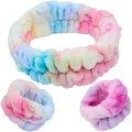 Set fascia e polsini in morbido peluche arcobaleno tie-dye per il lavaggio del viso - Set Di 3 Pezzi "63 Light Seven Colors".