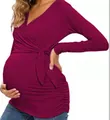 Elegant burgundy long-sleeved cross V-neck nursing top for pregnancy and maternity - Burgundy / S