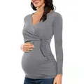 Grey long-sleeved V-neck wrap maternity shirt with side ruching and front bow detail - Gray / S