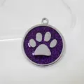 30mm circular pet ID tag with purple glitter background and silver paw print design - Pendant Only (HC537) / Deep purple