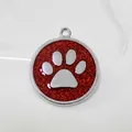 Medaglietta per animali rotonda da 30 mm con glitter rossi e impronta di zampa d'argento - Solo Ciondolo (HC537) / Rosso