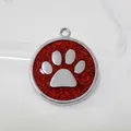 30mm round red glitter pet tag featuring a silver paw print design in zinc alloy - Pendant Only (HC537) / Red