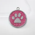 Round 30mm pink glitter dog paw print pendant pet ID tag accessory in zinc alloy - Pendant Only (HC537) / Pink