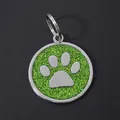 30mm green glitter dog paw print pet ID tag crafted from durable zinc alloy metal - With Round Ring (HC537) / Light Green