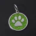 30mm green glitter dog paw print pet ID tag crafted from durable zinc alloy metal - With Round Ring (HC537) / Light Green