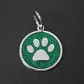 Zinc alloy pet ID tag with green glitter background and silver paw print design 30mm - With Round Ring (HC537) / Dark Green