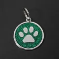 Zinc alloy pet ID tag with green glitter background and silver paw print design 30mm - With Round Ring (HC537) / Dark Green