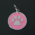 Premium 30mm zinc alloy pet ID tag featuring pink glitter background and paw print - With Round Ring (HC537) / Pink