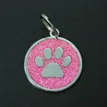 Premium 30mm zinc alloy pet ID tag featuring pink glitter background and paw print - With Round Ring (HC537) / Pink