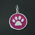 High-quality 30mm pink glitter dog paw print pet ID tag made of durable zinc alloy material - With Round Ring (HC537) / Rose Red