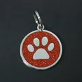 Sparkling 30mm red glitter dog paw print pet ID tag made of durable silver zinc alloy - With Round Ring (HC537) / Red