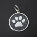 30mm round silver zinc alloy pet ID tag pendant with black glitter and paw print design - With Round Ring (HC537) / Black