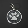 30mm round silver zinc alloy pet ID tag pendant with black glitter and paw print design - With Round Ring (HC537) / Black