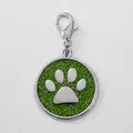 Round 30mm pet identity tag featuring a green glitter background and silver paw print - With Lobster Clasp (HC537) / Light Green