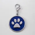 Round 30mm zinc alloy pet ID tag with sparkling blue glitter and silver paw print charm - With Lobster Clasp (HC537) / Dark Blue