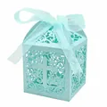 Laser-cut teal favor box with cross design and ribbon for wedding and baptism parties - Hollow Cross (JGH025) / Dusty Blue