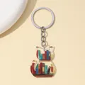 Acrylic cat-shaped keychain with a colorful bookshelf design for library lovers - Cat Shape (3) / 5cm 3mm Thick With Keychain