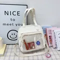 Minimalist white canvas shoulder bag featuring a transparent front pocket for cute student style - Single Bag (Without Badge) / White
