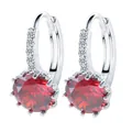 Elegant Korean style silver hoop earrings featuring large round faceted red zircon stones - Red