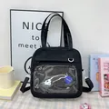 Stylish black canvas tote bag featuring a transparent front pocket and blue fashion badge - Single Bag (Without Badge) / Black