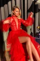 Elegant red mesh long sleeve prom dress with lace details and polka dot tulle layers. - Red / S