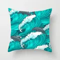 Decorative throw pillowcase with teal ocean waves and leaping dolphin illustration - Teal Dolphin Wave (TPR030-1) / 45x45CM (No Core)