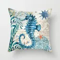 Nautical themed decorative throw pillowcase with a blue seahorse and vintage map - Deep Blue Seahorse (TPR030-8) / 45x45CM (No Core)