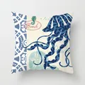 Coastal throw pillow cover with blue jellyfish and sand dollar ocean pattern design. - Navy Jellyfish Seahorse (TPR030-17) / 45x45CM (No Core)